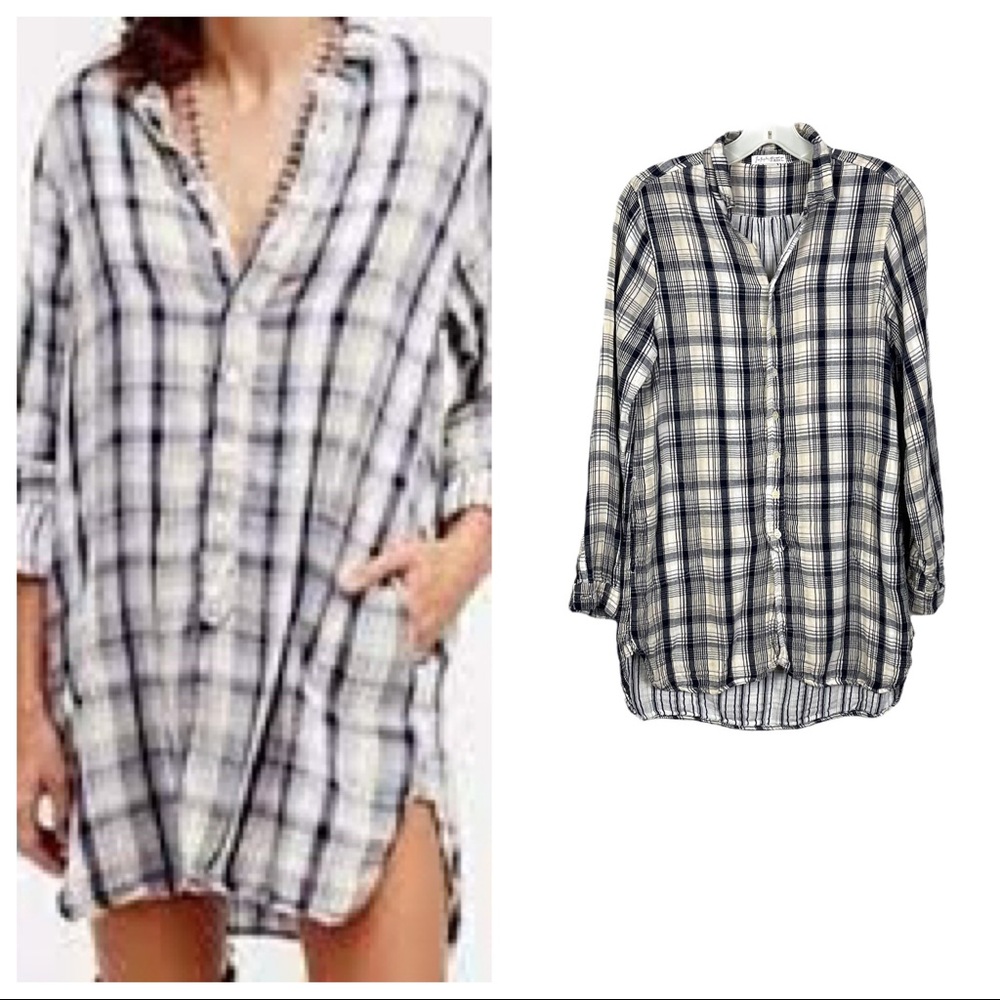 Free People x CP Shade Cream And Black Plaid Flannel Long Button Down Shirt